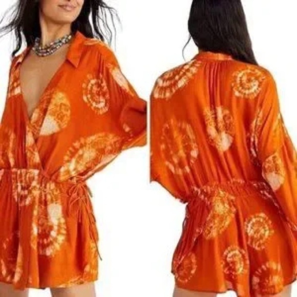 Free People Marla Printed Shortall Orange Tie Dye Romper Size Medium